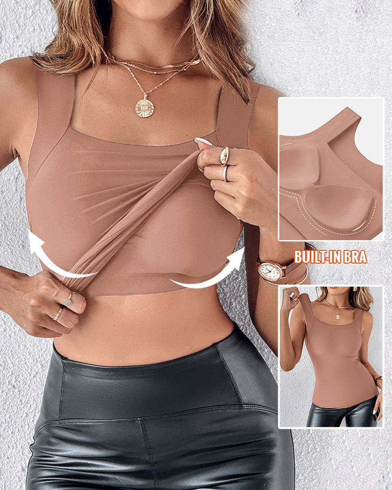 U-Neck Sleeveless Tank Seamless Skinny Layering Top with Built-In Bra