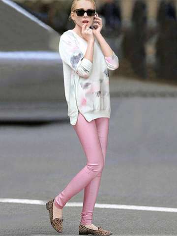 Women's Fashion Casual Style Suit Sets 2 Pieces Double Side Zipper Floral Print Sweater Blouse+Pink Leggings