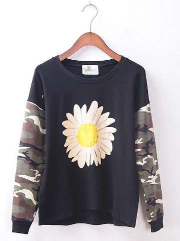 Women's Casual Chrysanthemum Flowers Printed Camo Long Sleeve Knit Sweatshirt Pullover Tops