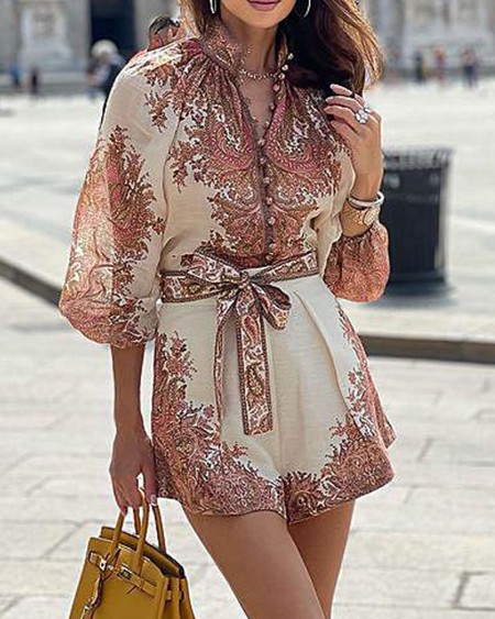 Floral Print Button Front Top & Self Tie Shorts Set