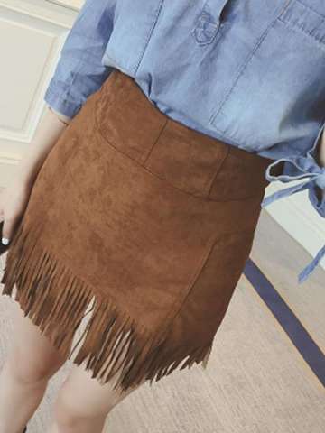 Women's Fashion High Waist Suede Skirt Tassels Attached Fringed Skirts