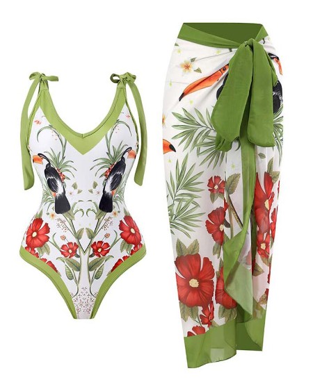 Plants Bird Print One-Piece Swimsuit With Cover Up