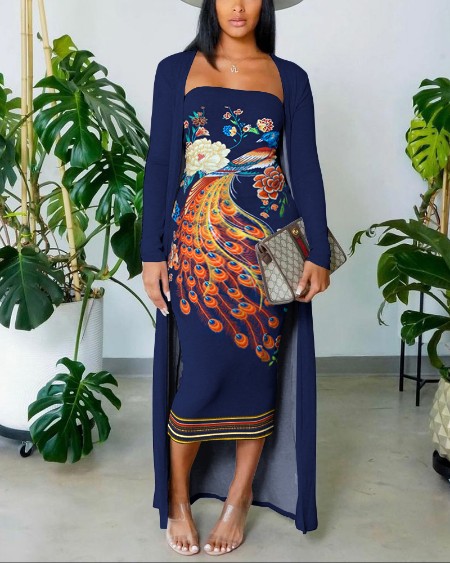 Peacock Floral Print Tube Bodycon Dress With Longline Coat