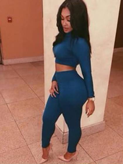 Women's Fall Fashion Dark Blue Sports Suit Slim Fit Suit Set 2pcs