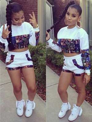 Women's Fashion 2pcs Slim Print Long Sleeve Tops + Short Pants Casual Sport Suits