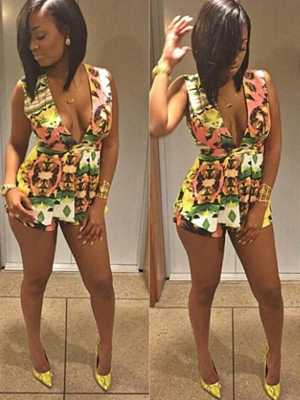 Women's Fashion Flower Print Sexy Deep V Neck Sleeveless Hip Mini Slim Fit Dress