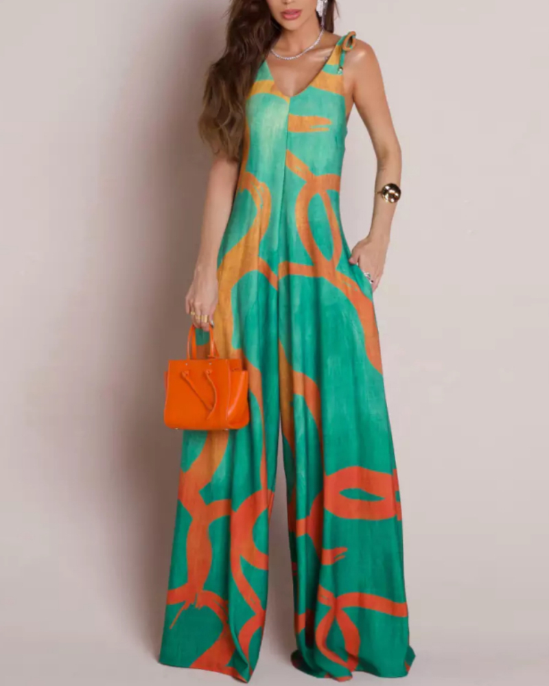 Floral Print V Neck Shoulder Lace Up Jumpsuit Casual Pocket Design Zipper Wide Leg Romper