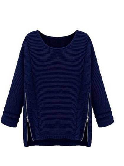 Fall Winter Fashion O-neck Side Zipper Slit Long Sleeve Warm  Knit Sweater