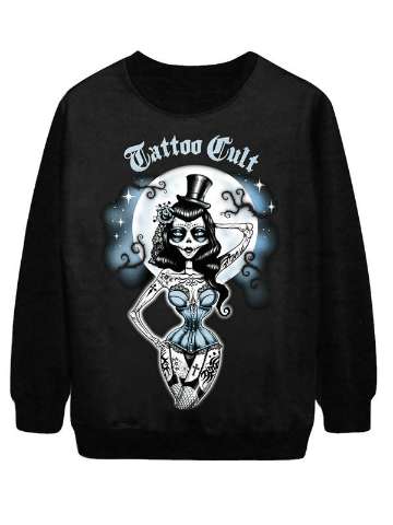 Women's Fashion Tatto Cult Beauty Digital Print Long Sleeve Hoodies Sweatshirt (Black)