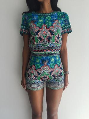 Women's Print Jumpsuit O-neck Short Sleeve Boy Shorts Romper Overalls