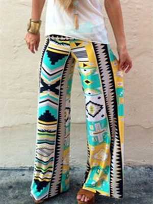 Women Bohemian Loose Palazzo Trousers Totem Print Casual Pants Elastic High Waist Pants