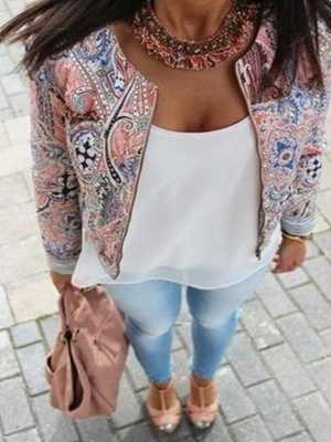 Women Fashion Retro Floral Print Coat Jacket O-neck Tops Outwear Blazer