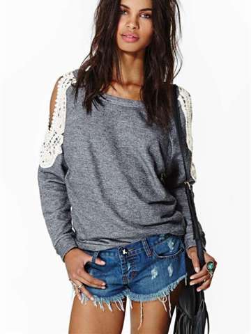 Women Lace Cut Out Long Sleeves T Shirt Casual Tops Pullovers