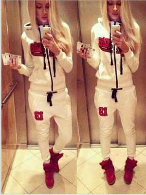 Women's White Casual Long Sleeve Sweatshirts Hoodies Sport Suit Tracksuit suits