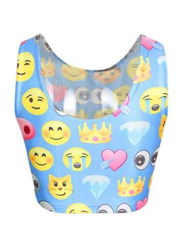 Blue Women Emoji Rockability Sleeveless Summer Digital Print Crop Top