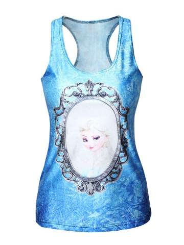 Women's Summer Fashion 3D Digital Cartoons Sky Blue Cute Magic Mirror Designedshirt Print Sleeveless Slim Fashion Vest Tanks T-shirt