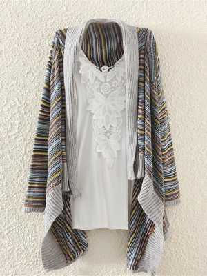 Women's  Irregular Geometric Strip Sweater Knit Cardigan Coat