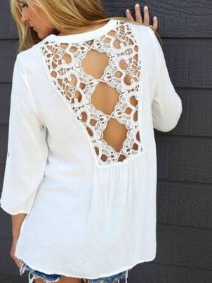 Ladies Casual Crochet Back Patchwork Tops White Loose Blouse