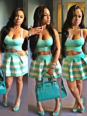 Sexy Girls Striped Low-cut A Line Dress 2pcs Club Wear Sleeveless Bandage Dress