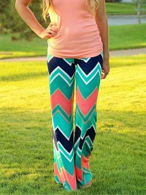 Women's Zigzag Chevron Print Wide Leg Pants Loose Fold Over High Waist Palazzo Trousers