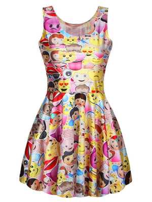 Women's Fashion Pink Emoji Printed 3D Sleeveless Tank Top Pleated Dress