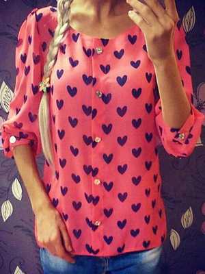 Women Fall Fashion Loose T-shirt Blouse Heart Print Casual Chiffon Tops
