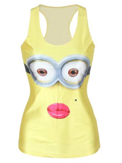Women's Summer Fashion 3D Digital Cartoon Pure Yellow Minions Print Sleeveless Slim Fashion Vest Tanks T-shirt