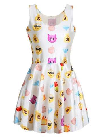 Women Casual Fashion Emoji Emotion Digital Printed 3D Pleated Ball gown dress