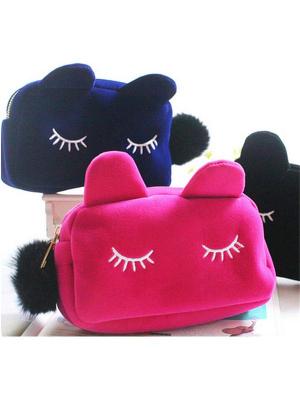Portable Cartoon Cat Coin Storage Case Travel Makeup Flannel Pouch Cosmetic Bag