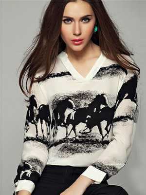 Fashion Maxima Print Casual V-Neck Long Sleeve Chiffon Tops Loose Blouse