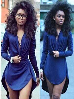 Women's Deep-v Neck Sexy Long Sleeve Irregular Bottom Mini Dress Casual Dress