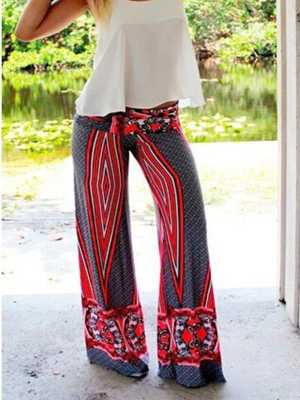 Women Tribal Aztec Printed  Casual Pants Wide Leg Fold Over High Waist Palazzo Pants Trousers