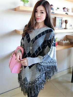Women's Jacquard Splice Geometric Taseels Sweater Knit Cardigan Shawl Ponco Capes