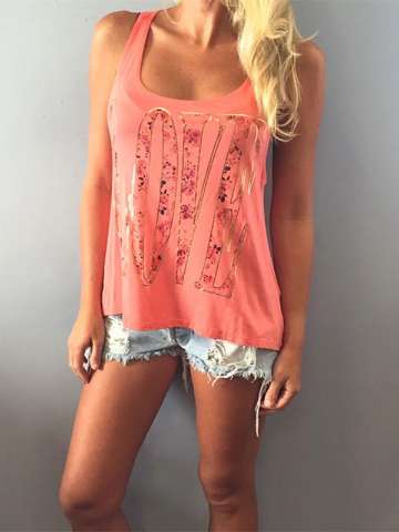 Women's Cool Fashion Love Printing Crew Neck Vest T-shirt Sleeveless Cotton Tops