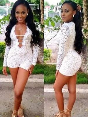 Women's White Long Sleeve Lace Jumpsuit Cut out Front Short Pants V Neck Bandage Romper