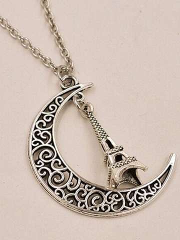 Fashion Accessory Antique Silver Plated Alloy Metal Charm France Paris Eiffel Tower And Moon Necklace Pendant Jewelly