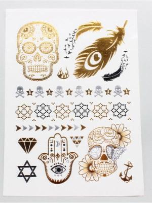Fake Metallic Tattoo Halloween Decoration Skull Rose Feather Waterproof Temporary Tattoo