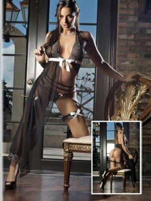 Sexy Lingerie Halter Sheer Women's Pyjamas Sleepwear Lace LONG DRESS WITH G-STRING+Leg Band Babydolls & Chemises