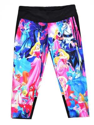 New Fashion Womens Polyester Fibers Elastic Digital Print Cinderella Lift The Hips High Waisted 3/4 leggings for exercising