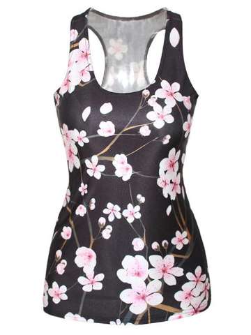 Women's Fashion Cherry Blossom Digital Print Tank Top Summer T-shirt