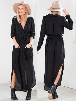 Vintage Slim Long Sleeve Turn-down Collar Casual Maxi Dresses Trench Coat(Black,S-XL)