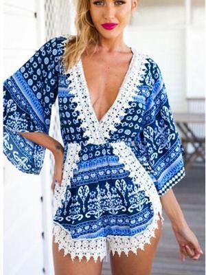 Women's Sweet Sexy Floral  Print Half Sleeve V Neck Playsuit Rompers Lace