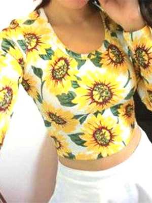 Women's Long Sleeve Sunflower Print Tee Shirts Bare Midriff Crop Top