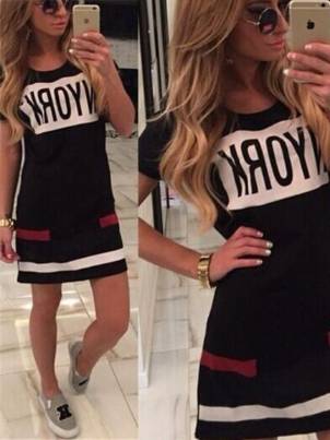 Girls Short Sleeves Black/white Letter Print Dress Sports T Shirt
