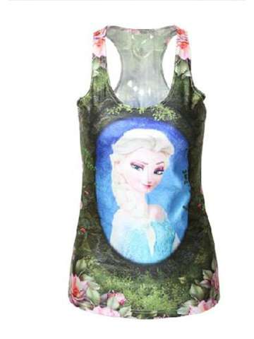 Women'S Frozen Elsa Green Digital Printed Sleeveless T Shirt Vest Tank Tops