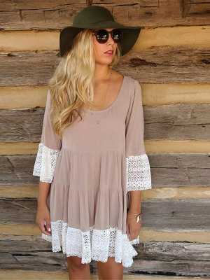 Bohemia Style Lace Stitching Dress for Women Long Sleeve Casual Loose Mini Dress Doll Dress