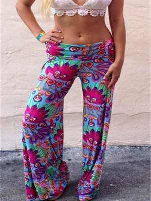 Women's Summer Fashion Floral Print Pants Loose Elastic High Waist Wide Leg Long Pants