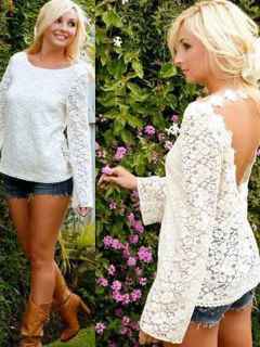 Women Lace Stitching Backless Long Sleeve Blouse Tops