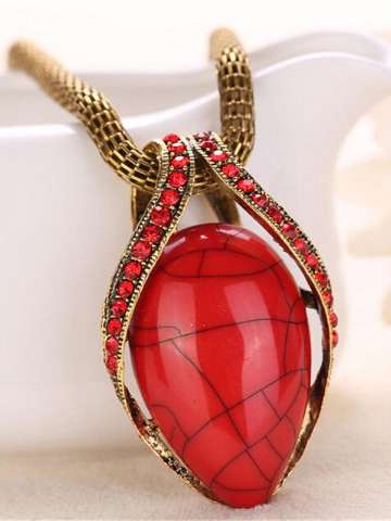 Women's New Water Drop Shape Red Chain Retro Bohemian National Wind Pendant Necklace