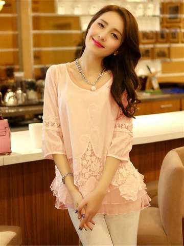 Autumn Fashion Korean Style Sexy Lace T-shirt Three Quarter Sleeve Slim Chiffon Shirts
